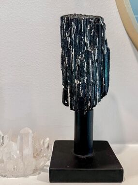 Large Raw Black Tourmaline with Quartz crystals on Spinning Stand